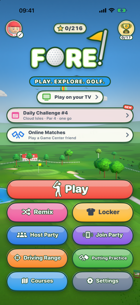 The Fore! title screen with Play, Host Party, Driving Range and Courses buttons