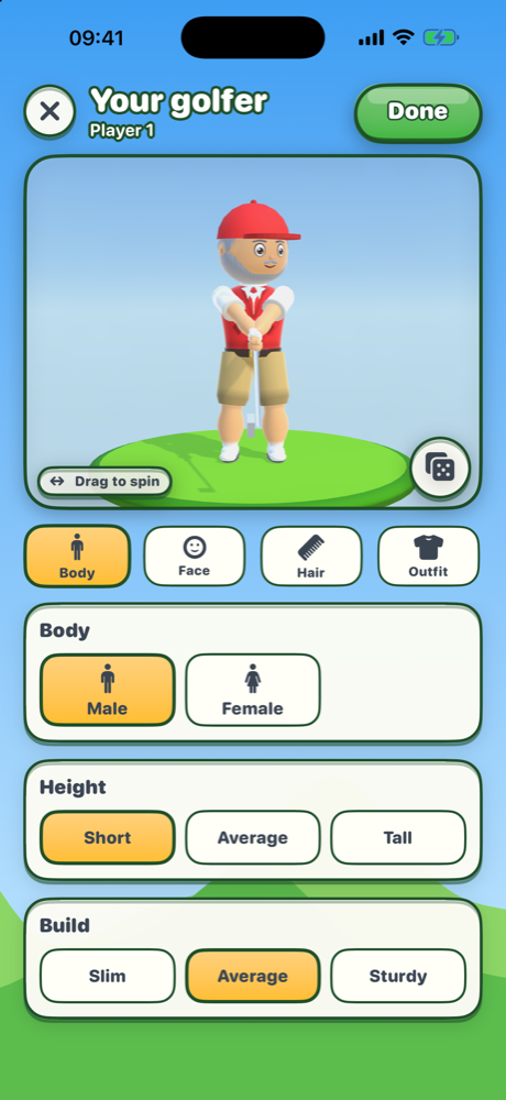 The golfer creator, choosing body, height and outfit