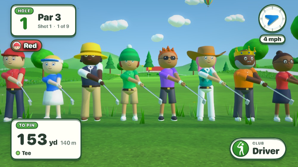 Eight different golfers lined up on the tee, in hats, crowns and sunglasses